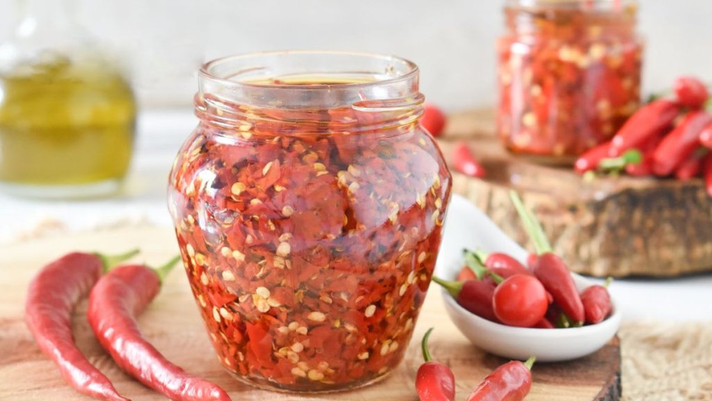 Chopped chili peppers in oil